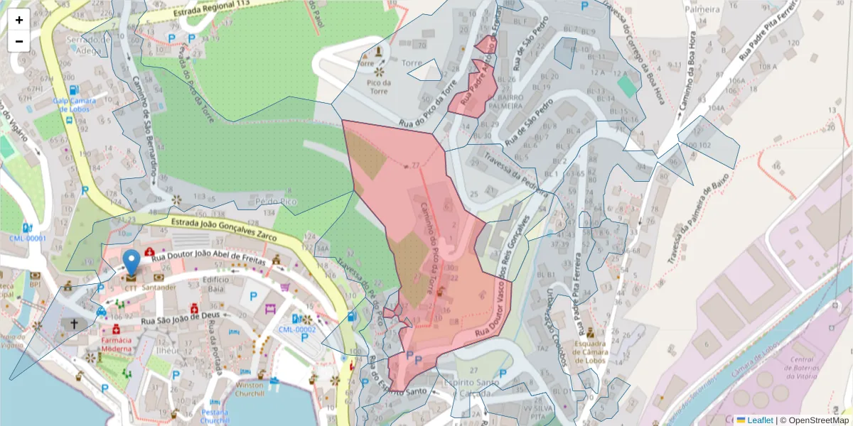 Mapa detalhado do código postal 9300-099 com limites, códigos postais vizinhos e agências dos correios