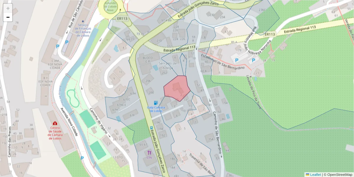 Mapa detalhado do código postal 9300-102 com limites, códigos postais vizinhos e agências dos correios