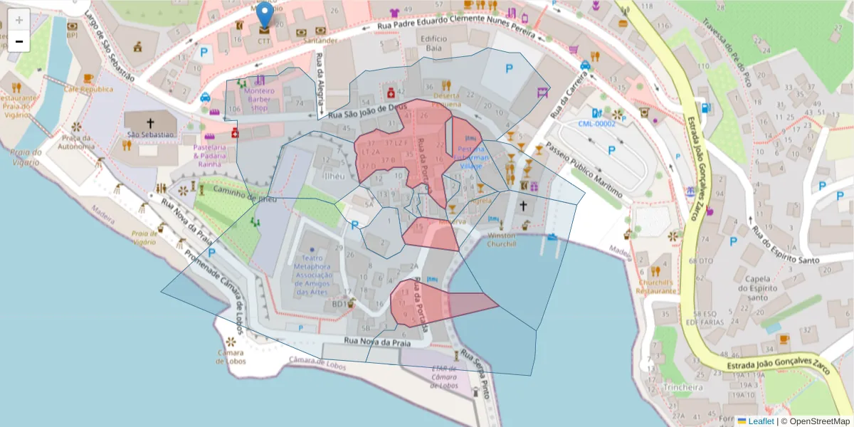 Mapa detalhado do código postal 9300-132 com limites, códigos postais vizinhos e agências dos correios