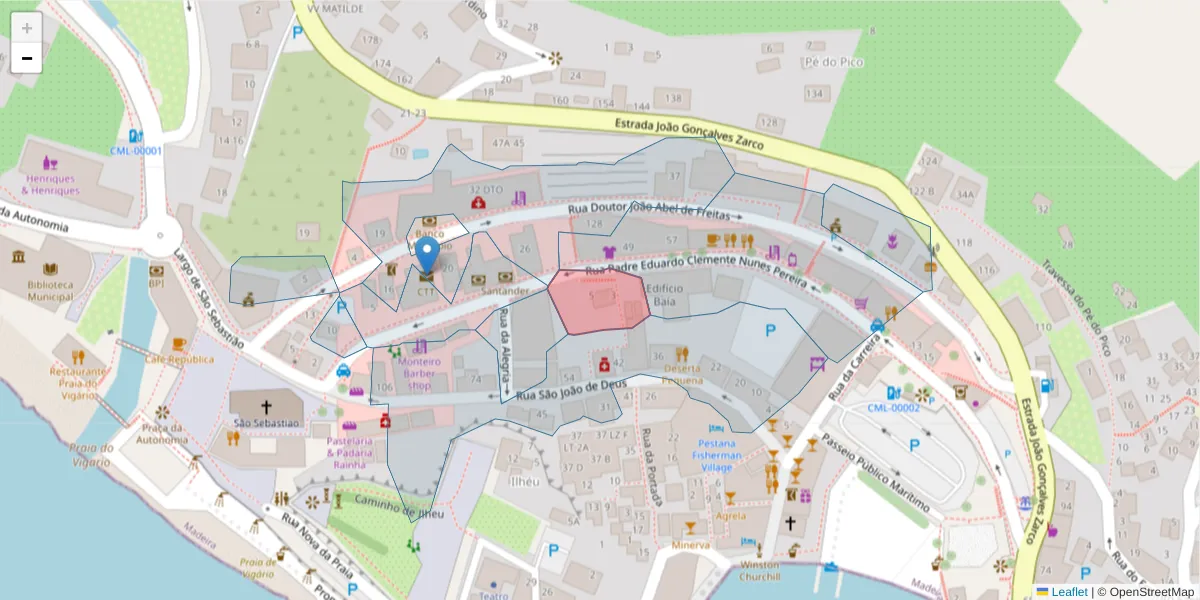Mapa detalhado do código postal 9300-136 com limites, códigos postais vizinhos e agências dos correios