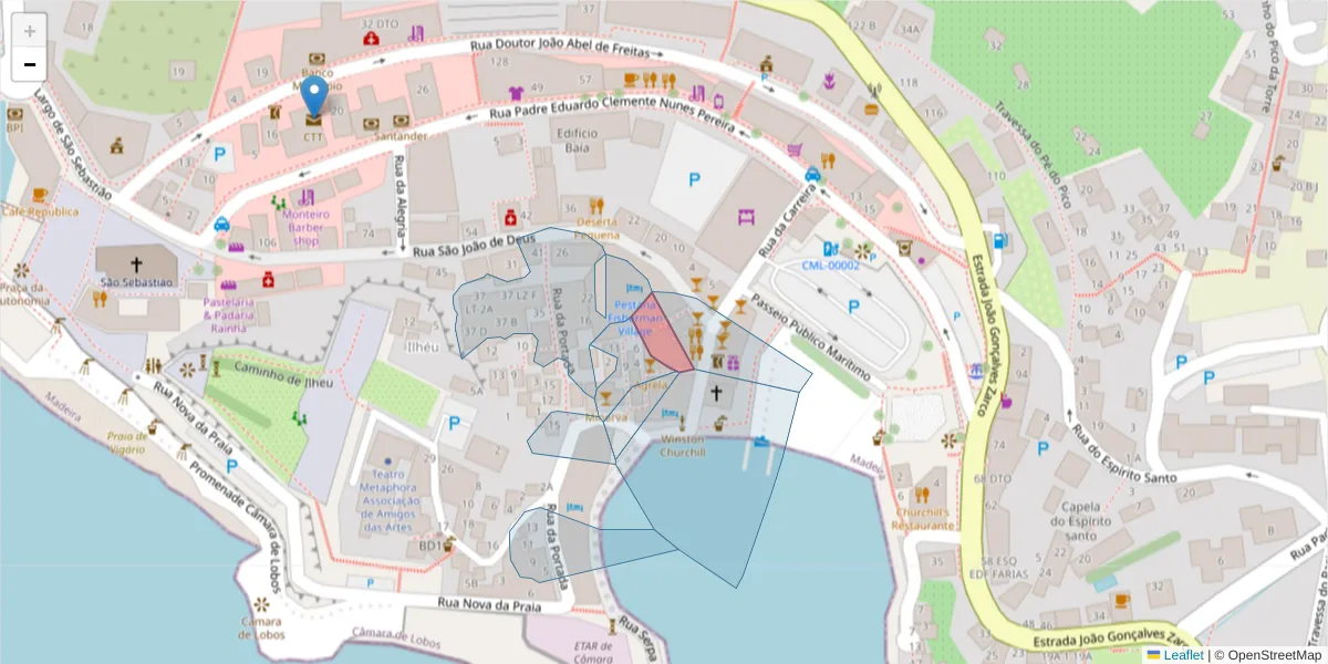 Mapa detalhado do código postal 9300-393 com limites, códigos postais vizinhos e agências dos correios