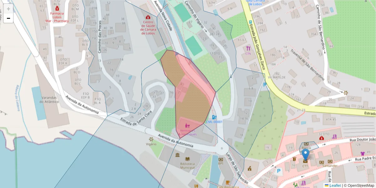Mapa detalhado do código postal 9300-435 com limites, códigos postais vizinhos e agências dos correios