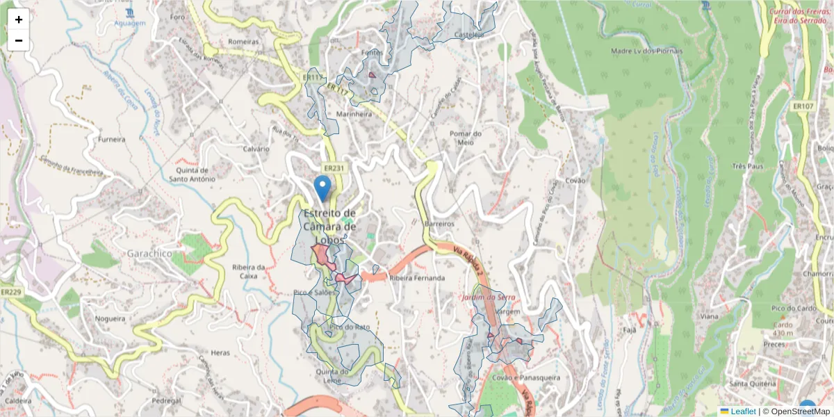 Mapa detalhado do código postal 9325-002 com limites, códigos postais vizinhos e agências dos correios