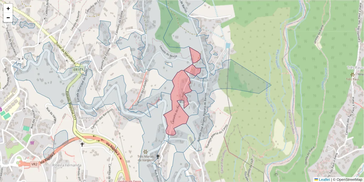 Mapa detalhado do código postal 9325-003 com limites, códigos postais vizinhos e agências dos correios