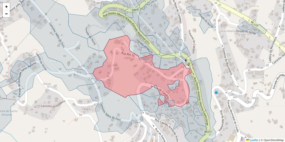 Mapa detalhado do código postal 9325-007 com limites, códigos postais vizinhos e agências dos correios