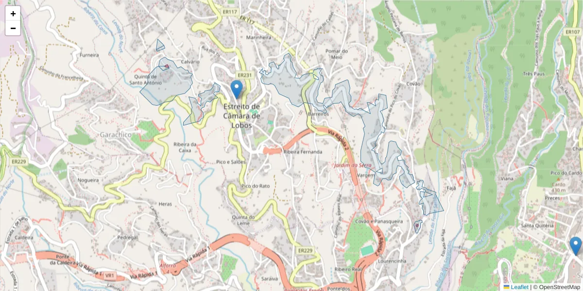 Mapa detalhado do código postal 9325-008 com limites, códigos postais vizinhos e agências dos correios