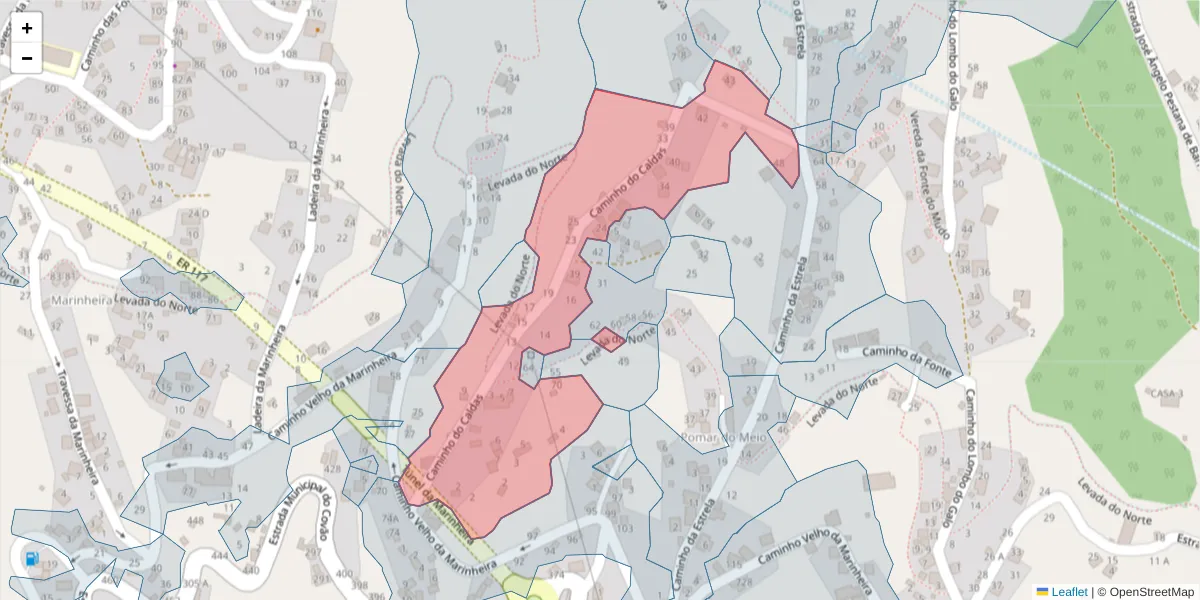 Mapa detalhado do código postal 9325-021 com limites, códigos postais vizinhos e agências dos correios