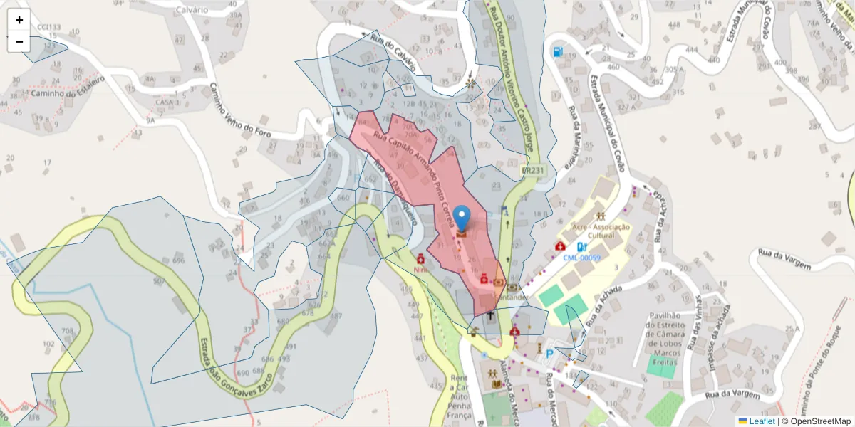 Mapa detalhado do código postal 9325-023 com limites, códigos postais vizinhos e agências dos correios