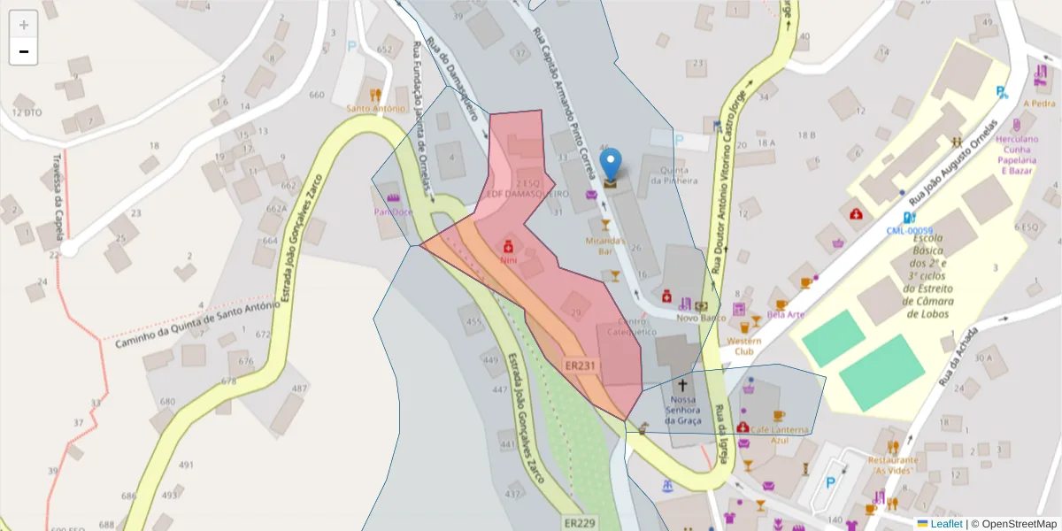 Mapa detalhado do código postal 9325-024 com limites, códigos postais vizinhos e agências dos correios
