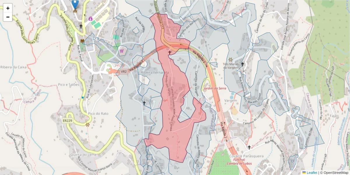 Mapa detalhado do código postal 9325-028 com limites, códigos postais vizinhos e agências dos correios