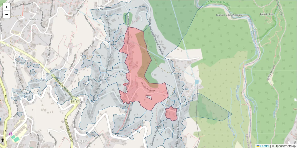 Mapa detalhado do código postal 9325-035 com limites, códigos postais vizinhos e agências dos correios