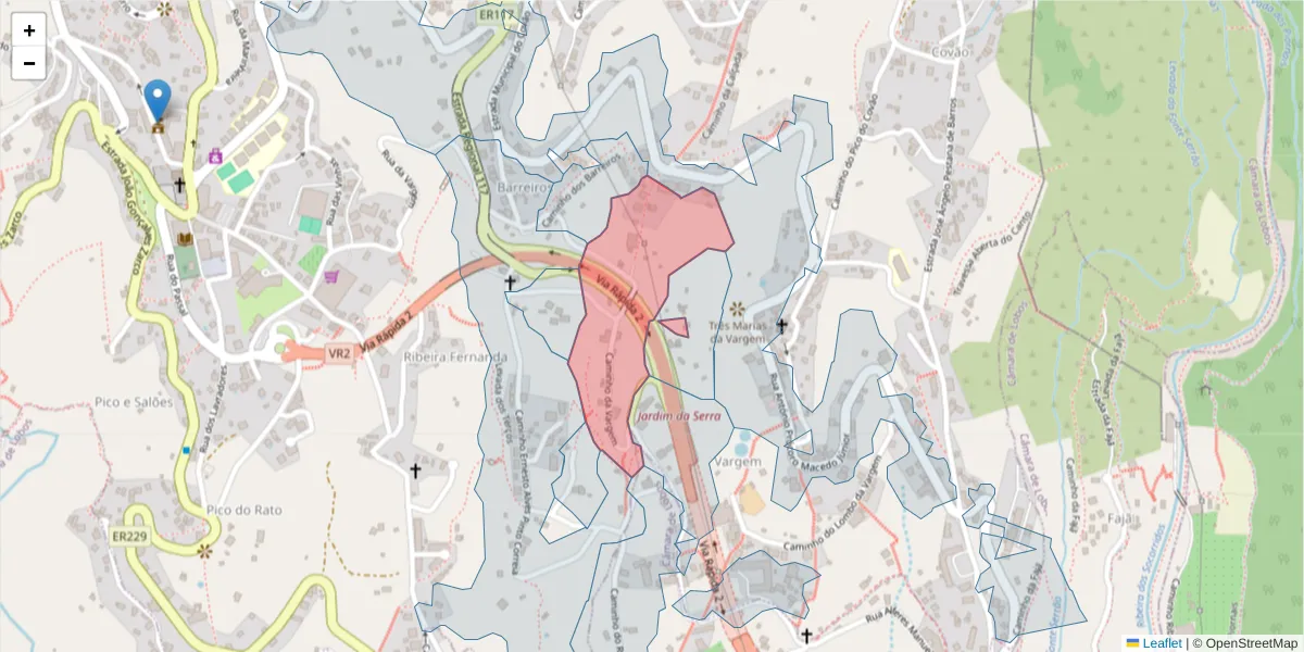 Mapa detalhado do código postal 9325-040 com limites, códigos postais vizinhos e agências dos correios