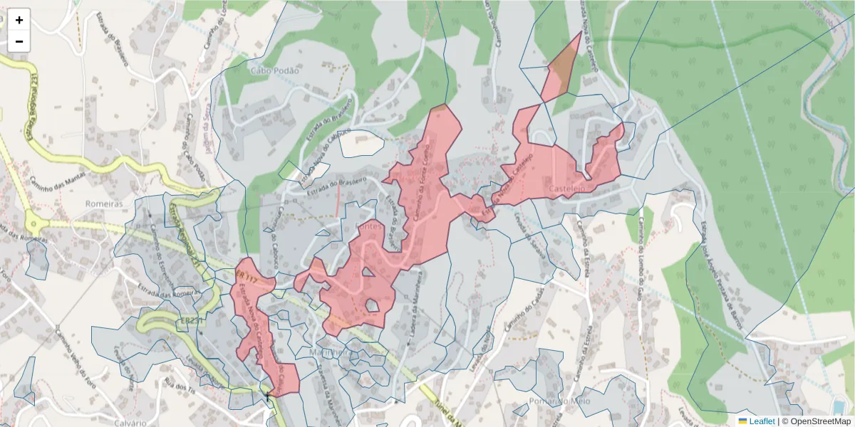 Mapa detalhado do código postal 9325-050 com limites, códigos postais vizinhos e agências dos correios