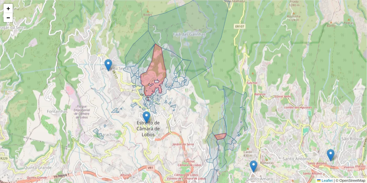 Mapa detalhado do código postal 9325-051 com limites, códigos postais vizinhos e agências dos correios