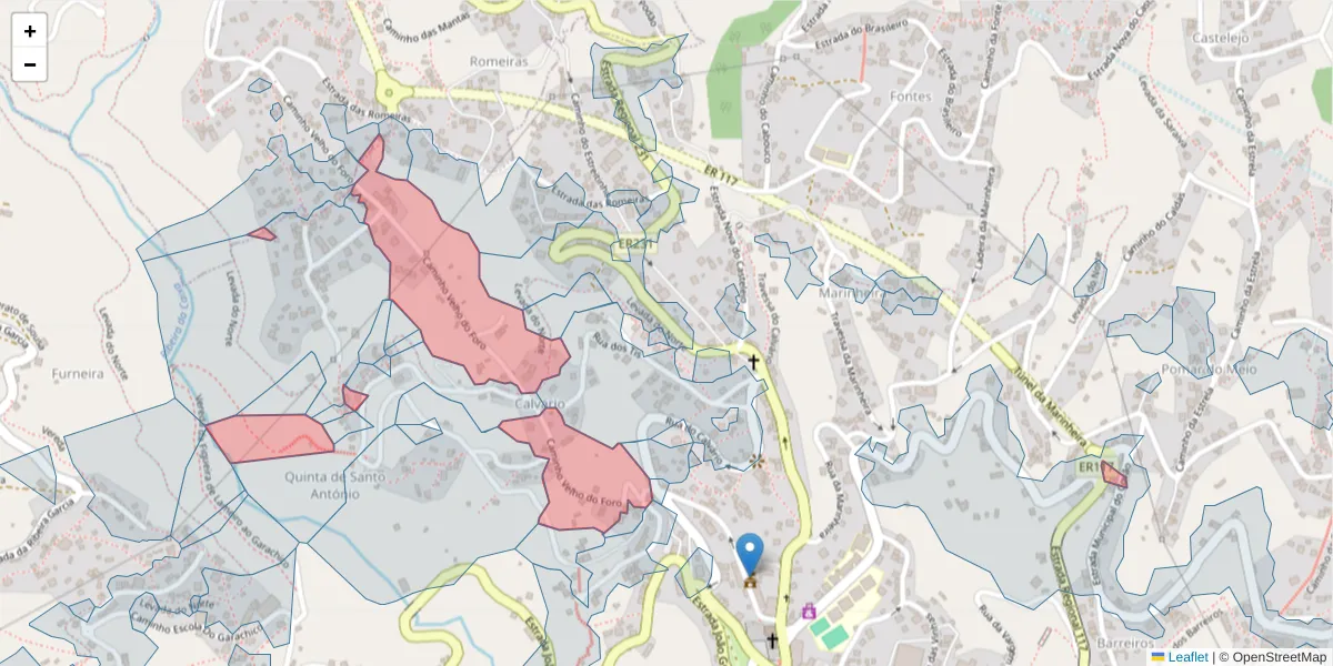 Mapa detalhado do código postal 9325-055 com limites, códigos postais vizinhos e agências dos correios