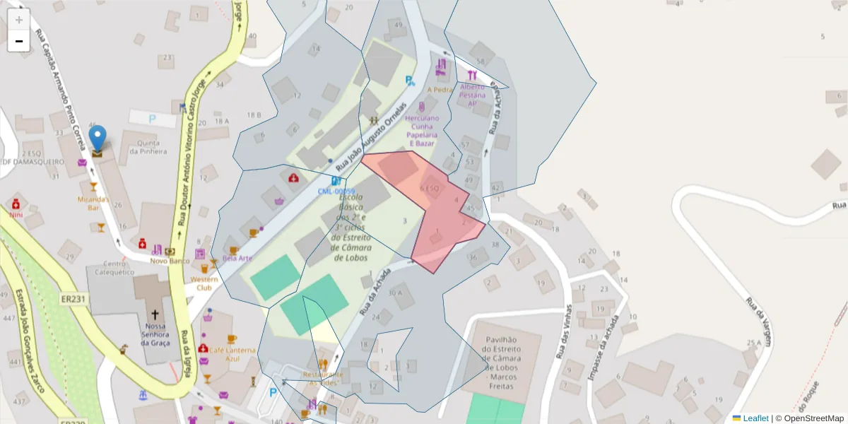 Mapa detalhado do código postal 9325-073 com limites, códigos postais vizinhos e agências dos correios