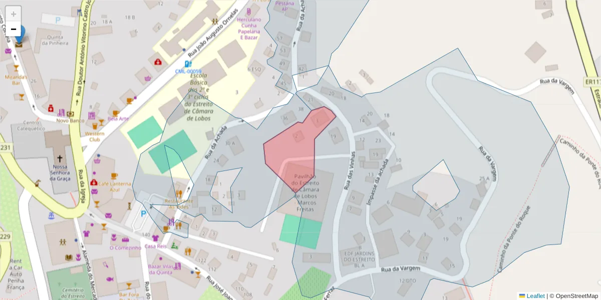Mapa detalhado do código postal 9325-074 com limites, códigos postais vizinhos e agências dos correios