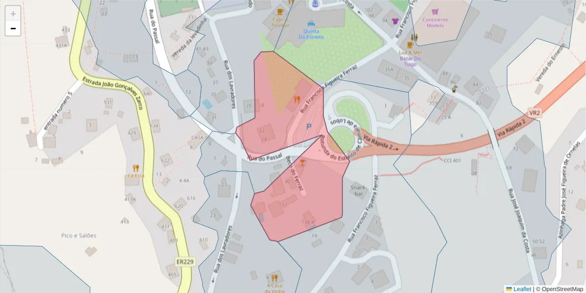 Mapa detalhado do código postal 9325-077 com limites, códigos postais vizinhos e agências dos correios