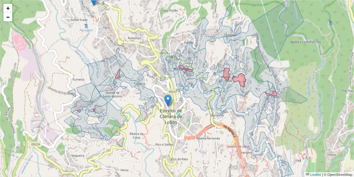 Mapa detalhado do código postal 9325-089 com limites, códigos postais vizinhos e agências dos correios