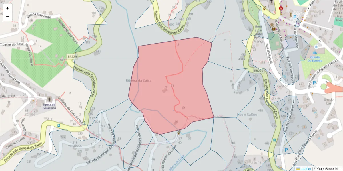 Mapa detalhado do código postal 9325-094 com limites, códigos postais vizinhos e agências dos correios