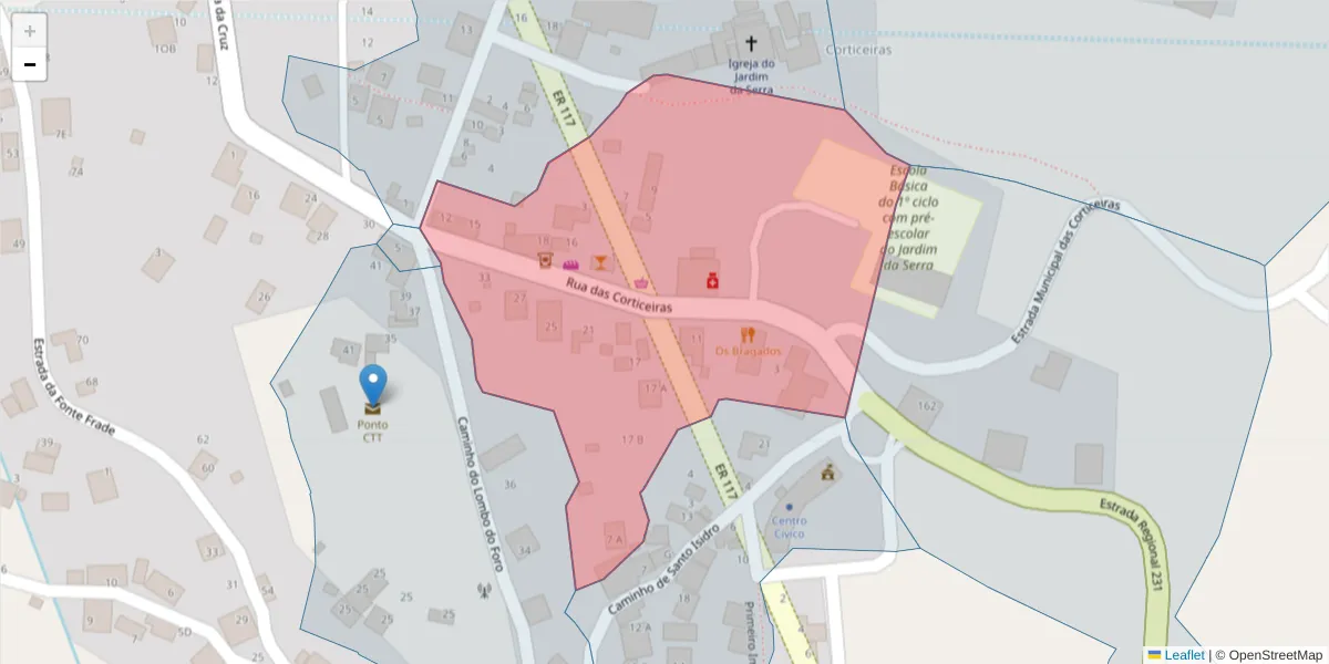 Mapa detalhado do código postal 9325-120 com limites, códigos postais vizinhos e agências dos correios