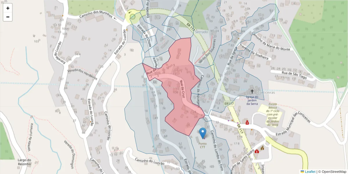 Mapa detalhado do código postal 9325-121 com limites, códigos postais vizinhos e agências dos correios