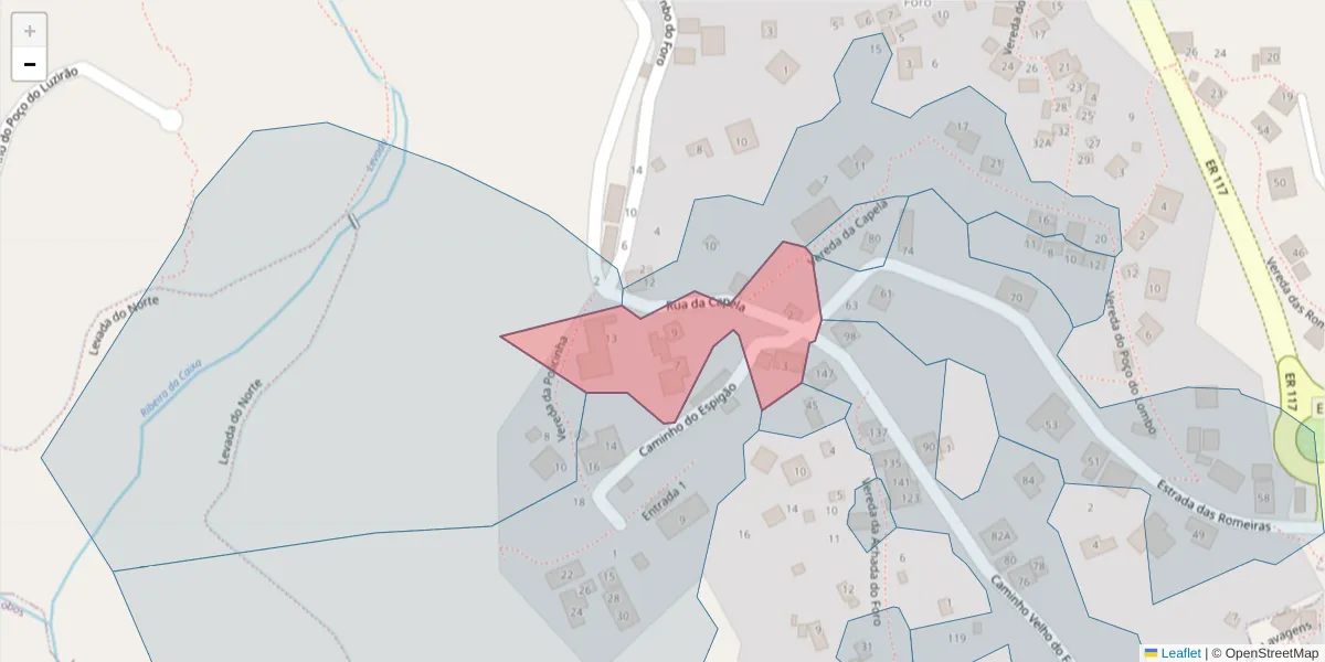 Mapa detalhado do código postal 9325-124 com limites, códigos postais vizinhos e agências dos correios