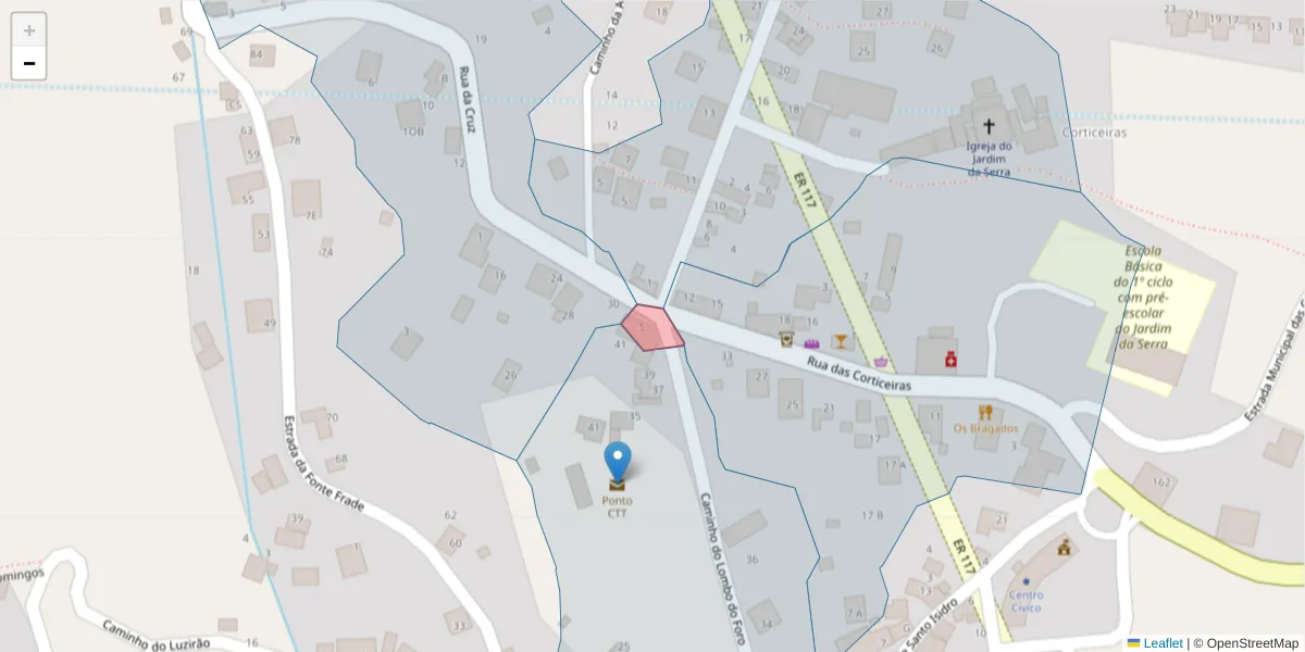 Mapa detalhado do código postal 9325-125 com limites, códigos postais vizinhos e agências dos correios