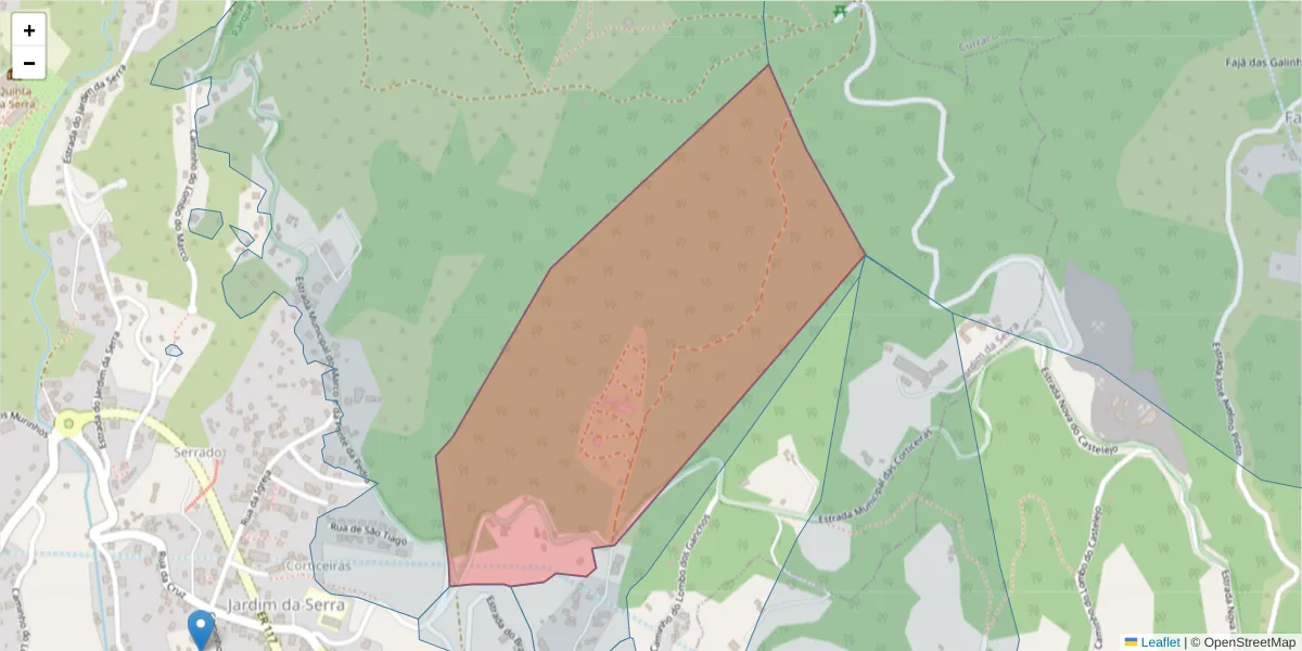 Mapa detalhado do código postal 9325-135 com limites, códigos postais vizinhos e agências dos correios
