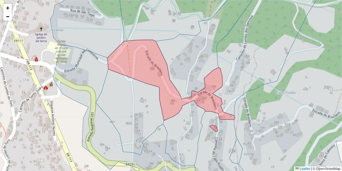 Mapa detalhado do código postal 9325-143 com limites, códigos postais vizinhos e agências dos correios