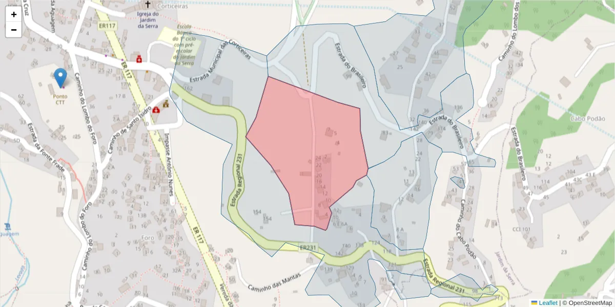 Mapa detalhado do código postal 9325-146 com limites, códigos postais vizinhos e agências dos correios