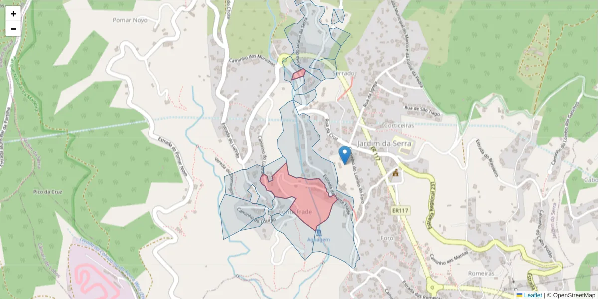 Mapa detalhado do código postal 9325-154 com limites, códigos postais vizinhos e agências dos correios