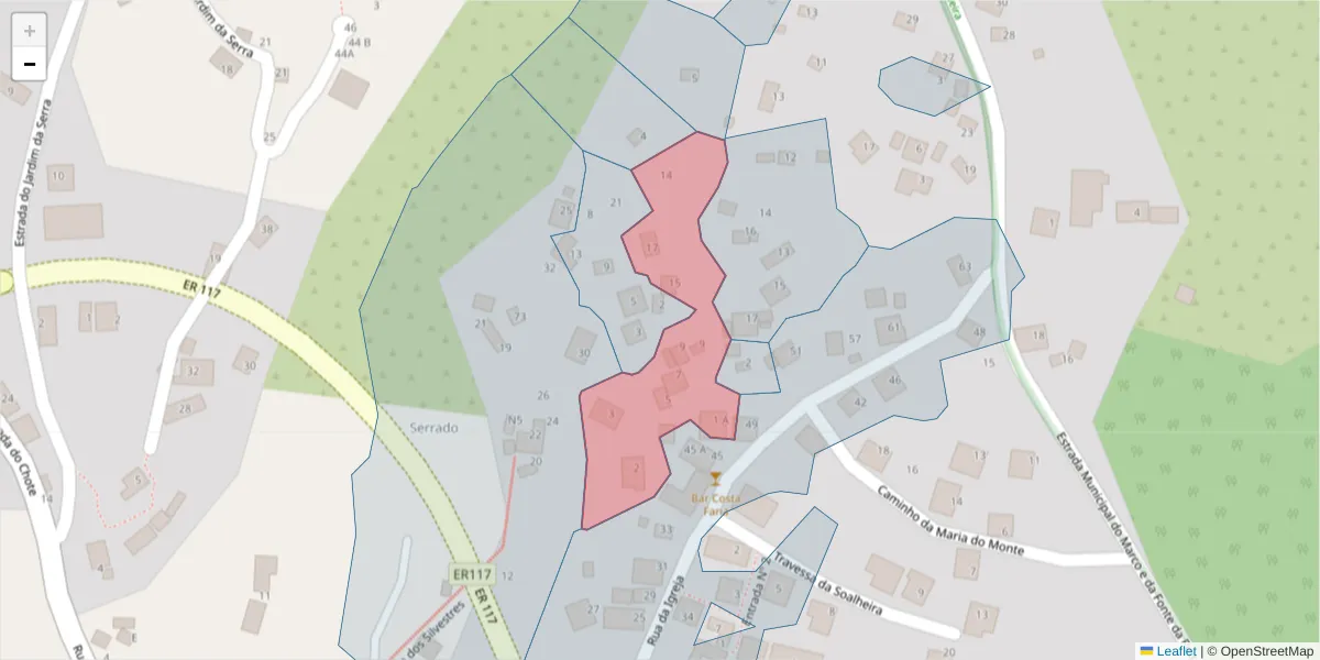 Mapa detalhado do código postal 9325-201 com limites, códigos postais vizinhos e agências dos correios