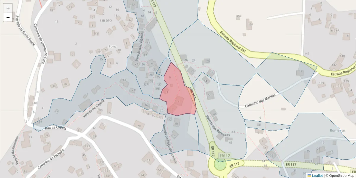 Mapa detalhado do código postal 9325-213 com limites, códigos postais vizinhos e agências dos correios