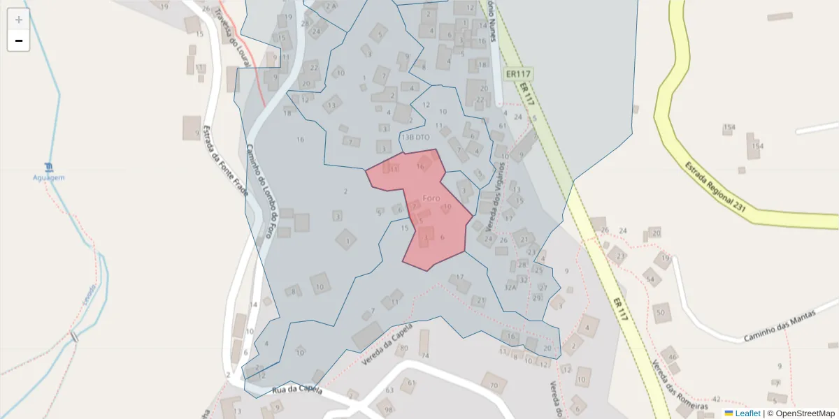 Mapa detalhado do código postal 9325-218 com limites, códigos postais vizinhos e agências dos correios