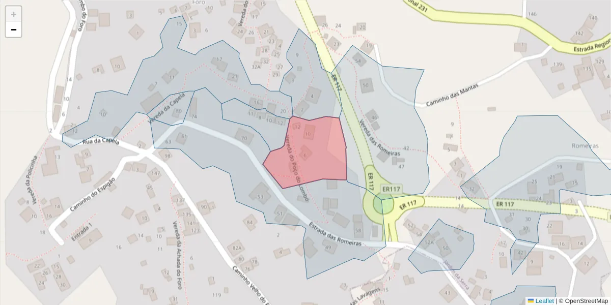 Mapa detalhado do código postal 9325-250 com limites, códigos postais vizinhos e agências dos correios