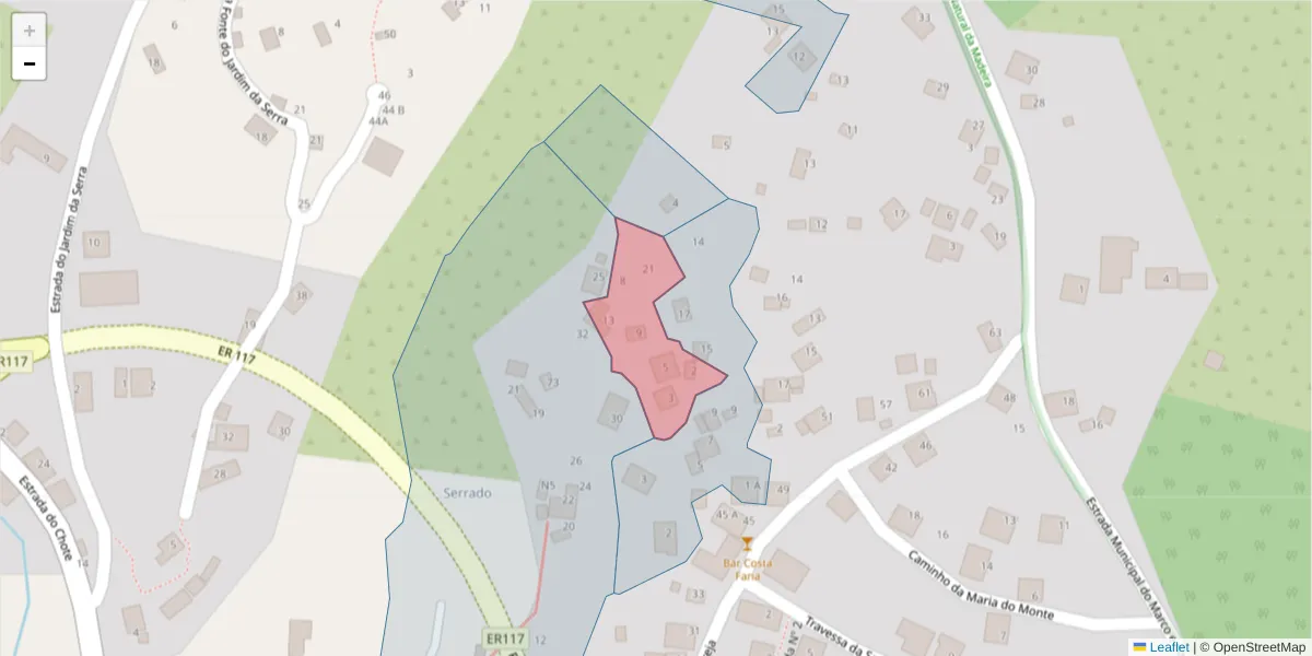 Mapa detalhado do código postal 9325-262 com limites, códigos postais vizinhos e agências dos correios