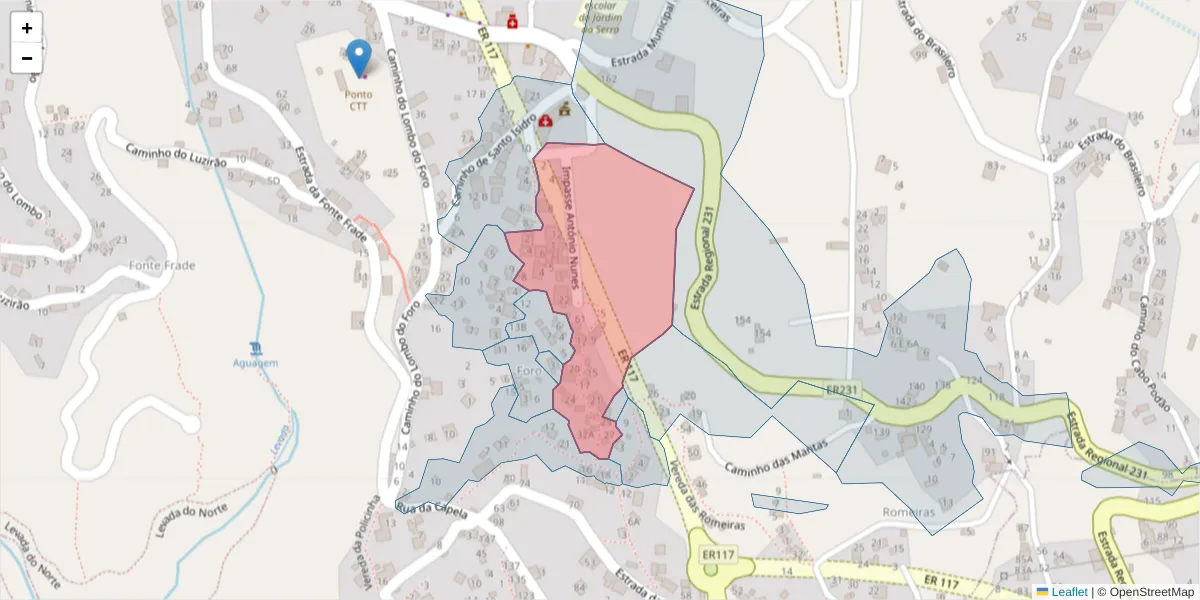 Mapa detalhado do código postal 9325-267 com limites, códigos postais vizinhos e agências dos correios