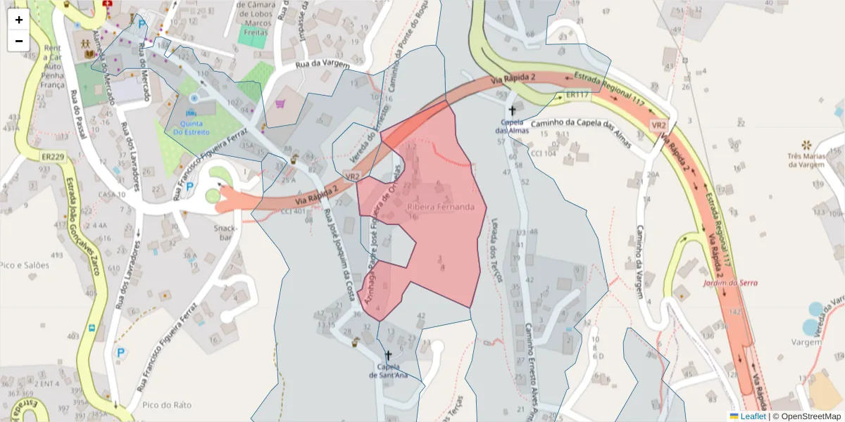 Mapa detalhado do código postal 9325-311 com limites, códigos postais vizinhos e agências dos correios