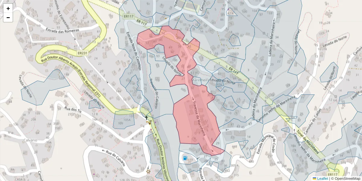 Mapa detalhado do código postal 9325-325 com limites, códigos postais vizinhos e agências dos correios