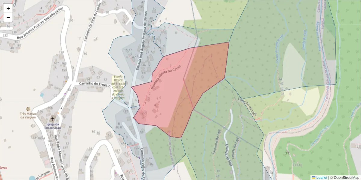 Mapa detalhado do código postal 9325-338 com limites, códigos postais vizinhos e agências dos correios