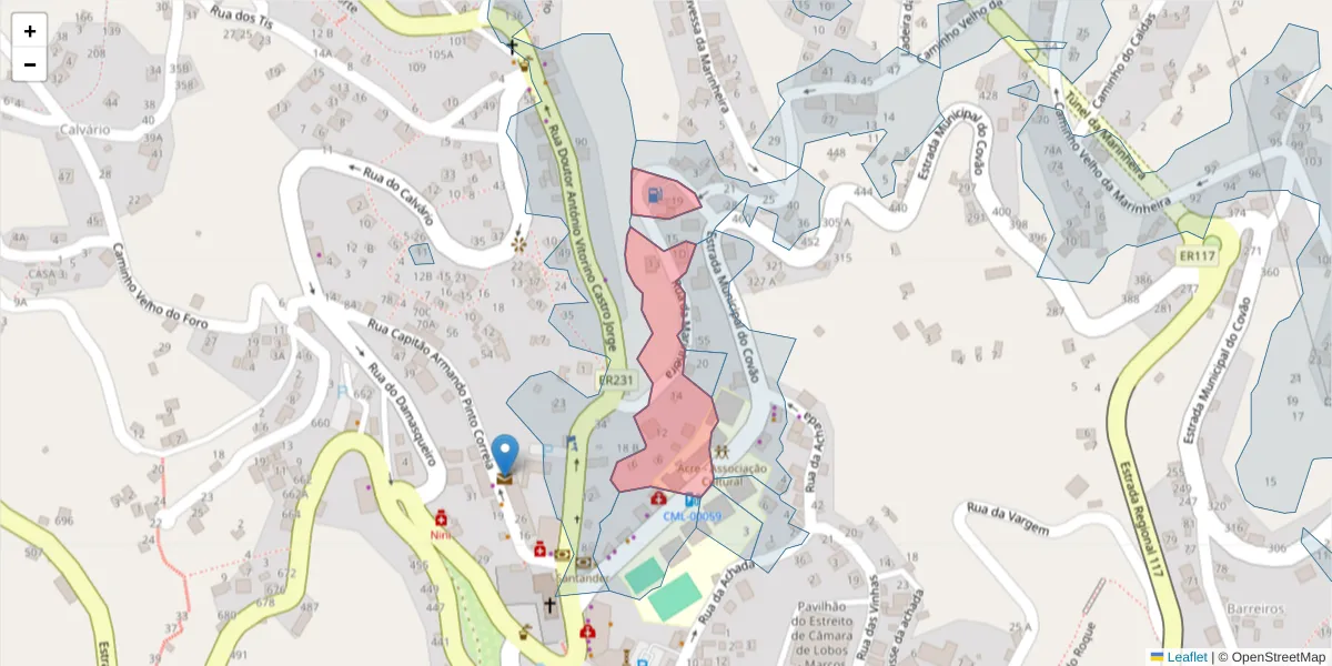 Mapa detalhado do código postal 9325-367 com limites, códigos postais vizinhos e agências dos correios