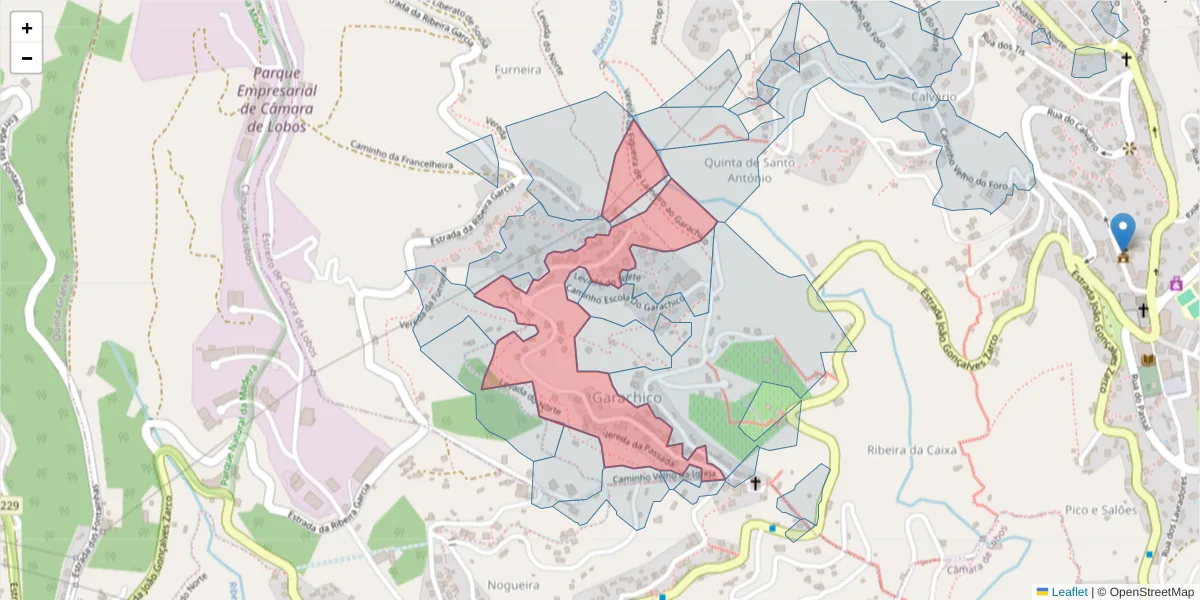 Mapa detalhado do código postal 9325-370 com limites, códigos postais vizinhos e agências dos correios