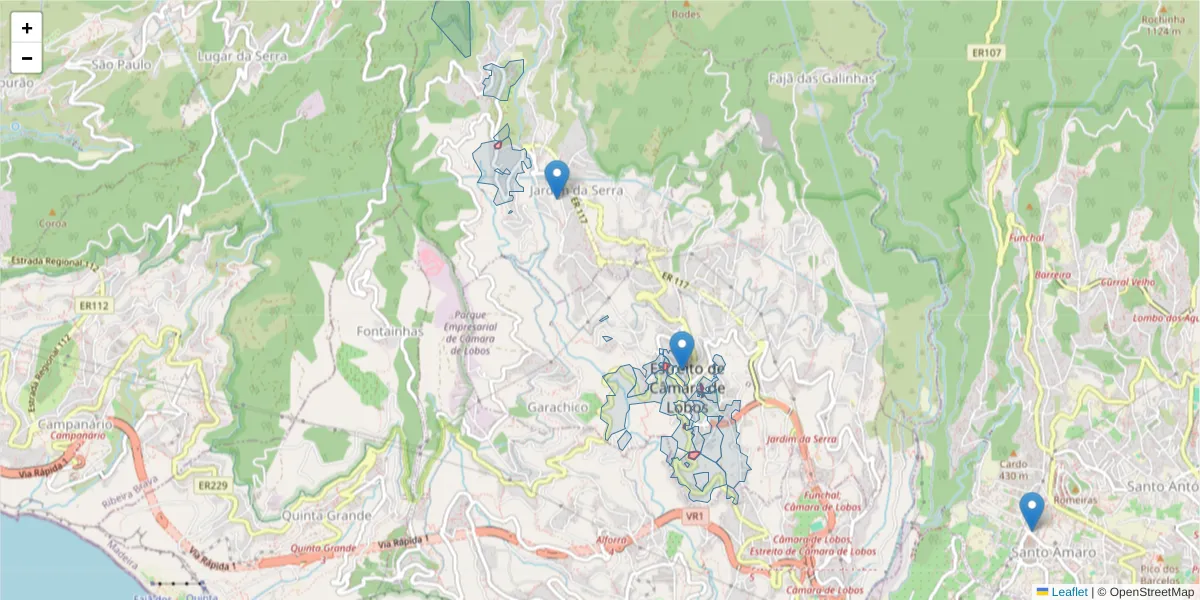 Mapa detalhado do código postal 9325 com limites, códigos postais vizinhos e agências dos correios