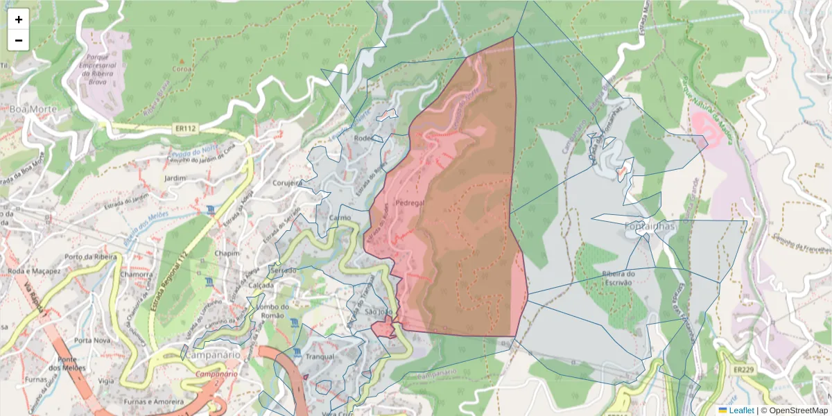 Mapa detalhado do código postal 9350-033 com limites, códigos postais vizinhos e agências dos correios