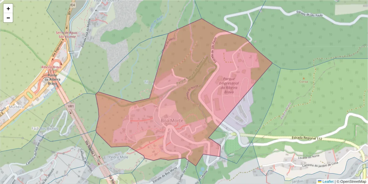 Mapa detalhado do código postal 9350-104 com limites, códigos postais vizinhos e agências dos correios