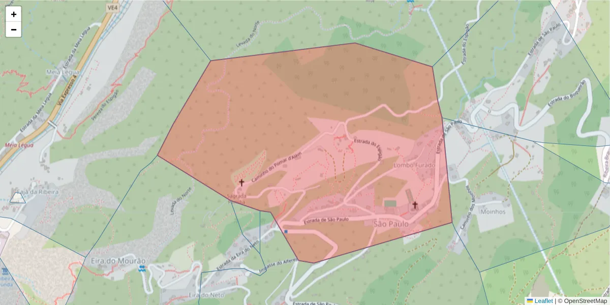 Mapa detalhado do código postal 9350-129 com limites, códigos postais vizinhos e agências dos correios
