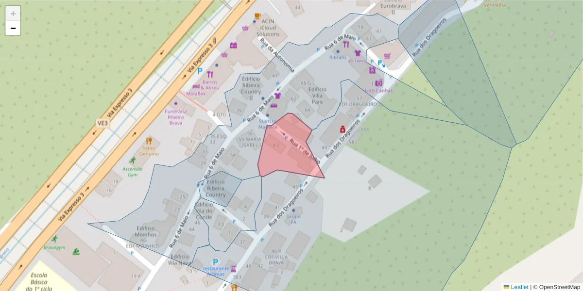 Mapa detalhado do código postal 9350-206 com limites, códigos postais vizinhos e agências dos correios