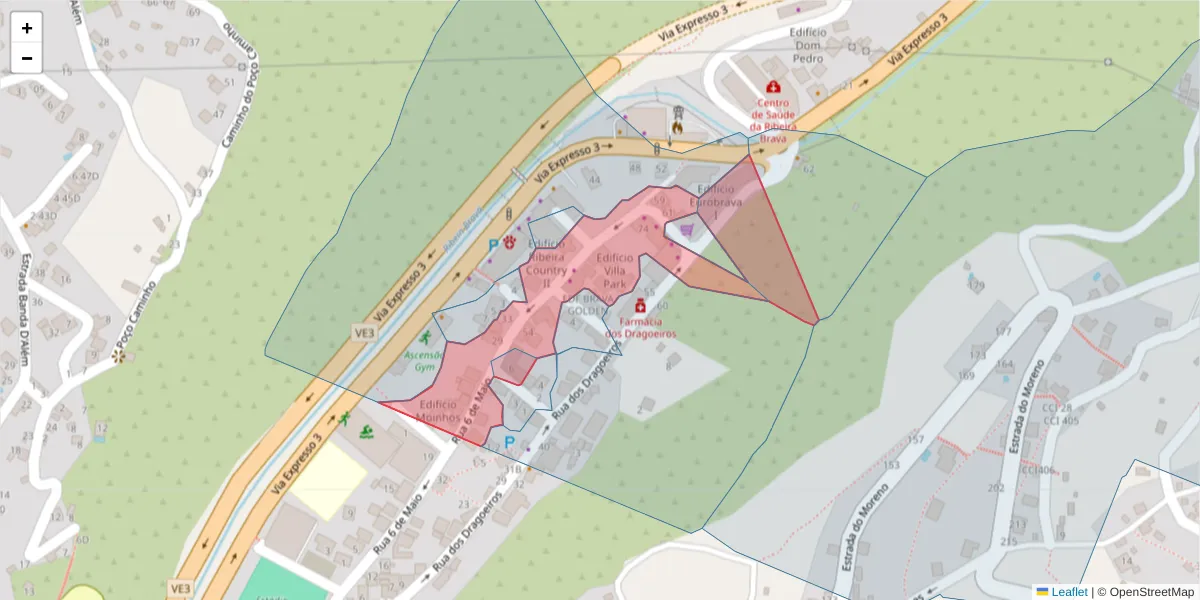 Mapa detalhado do código postal 9350-208 com limites, códigos postais vizinhos e agências dos correios