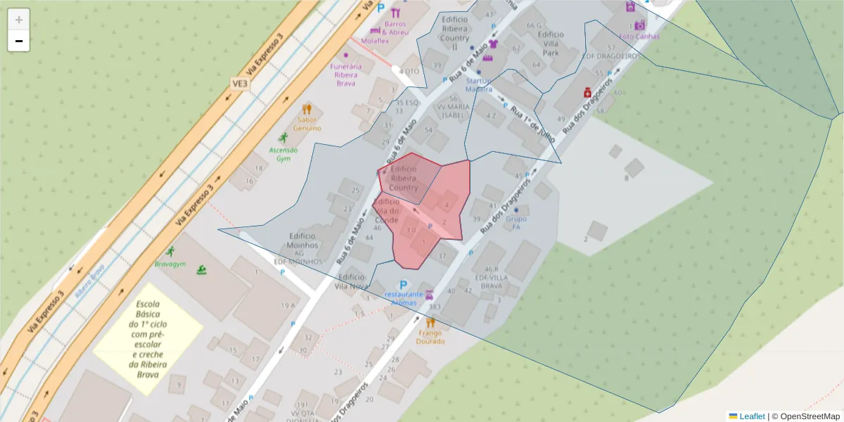 Mapa detalhado do código postal 9350-210 com limites, códigos postais vizinhos e agências dos correios